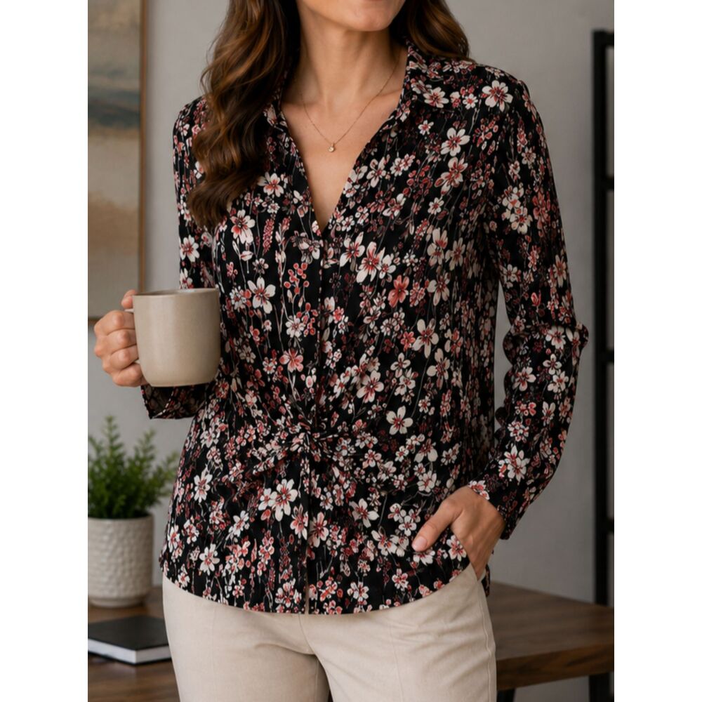 Tommy Hilfiger Floral Twist Front Blouse Black Long Sleeve Stretch Top L